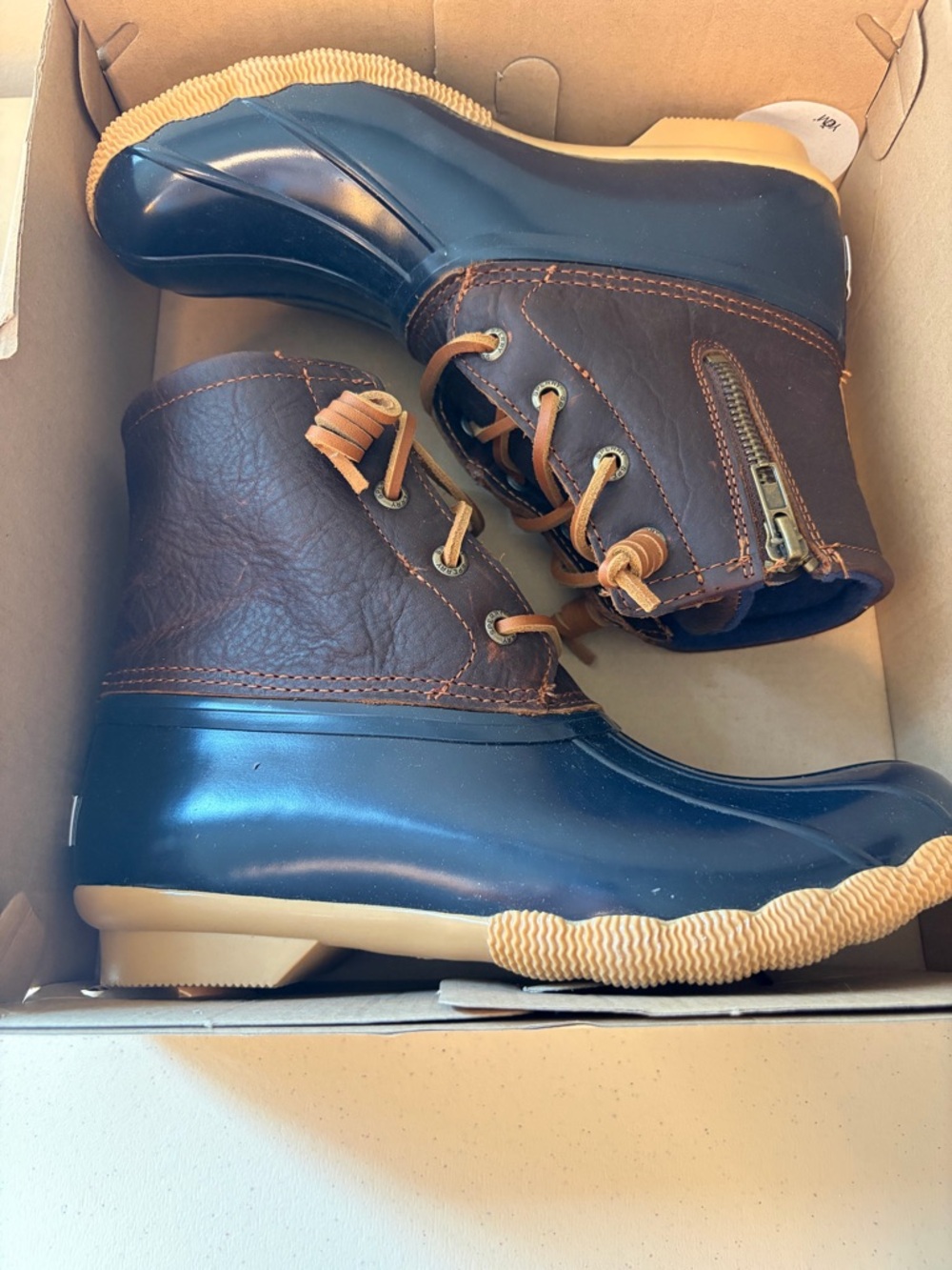Sperry Navy & Brown Waterproof Duck Boots with Tan Sole - Picture 2 of 12